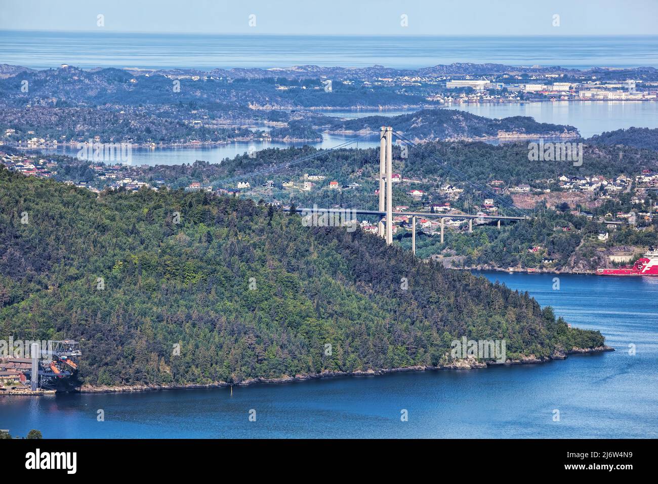 Suburbs with Askoy suspension bridge near Bergen, Norway, Europe. Stock Photo