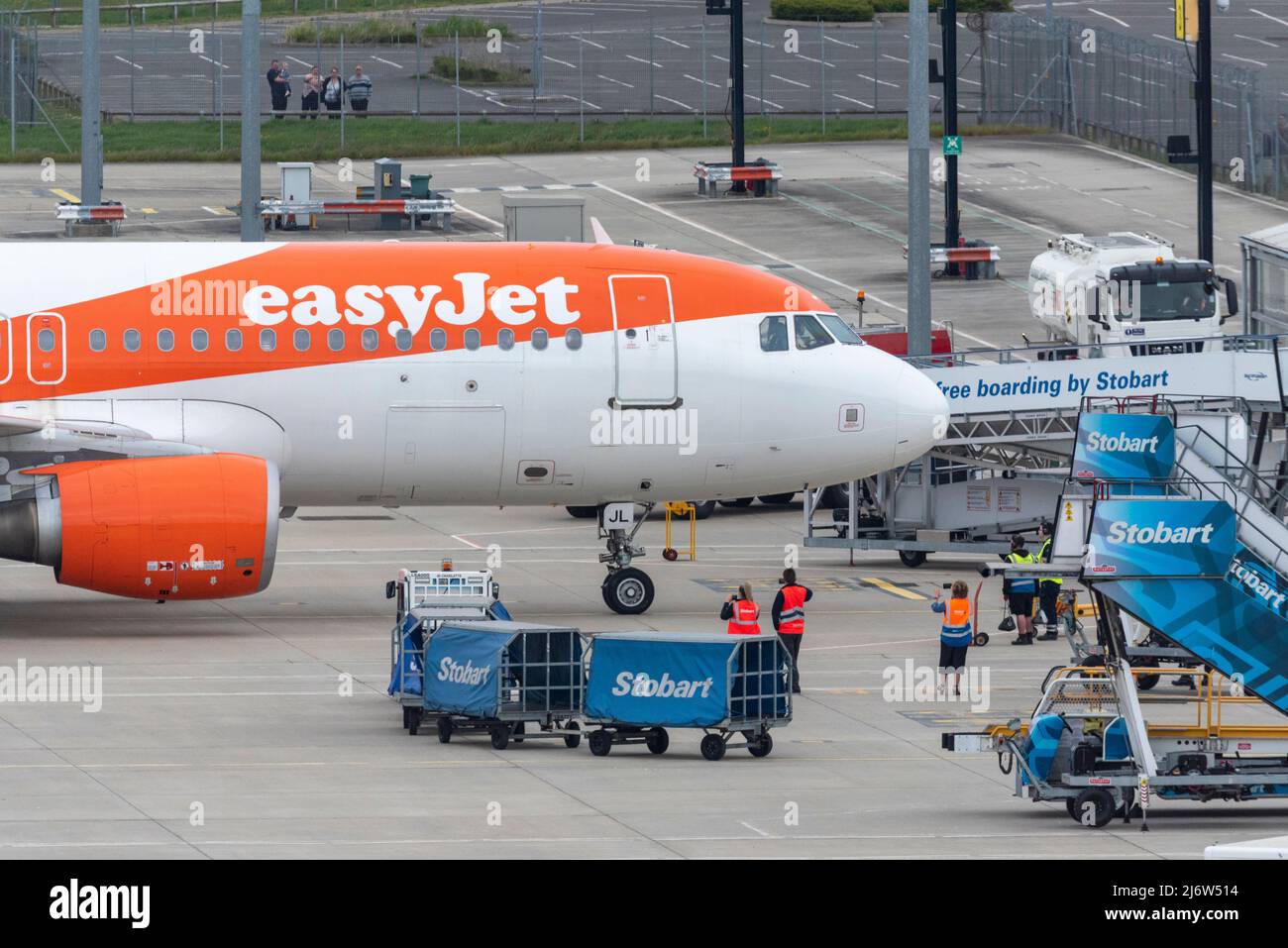 First arrival at London Southend Airport, Essex, UK, following six months of no flights due to COVID 19. easyJet service from Spain. Stobart equipment Stock Photo
