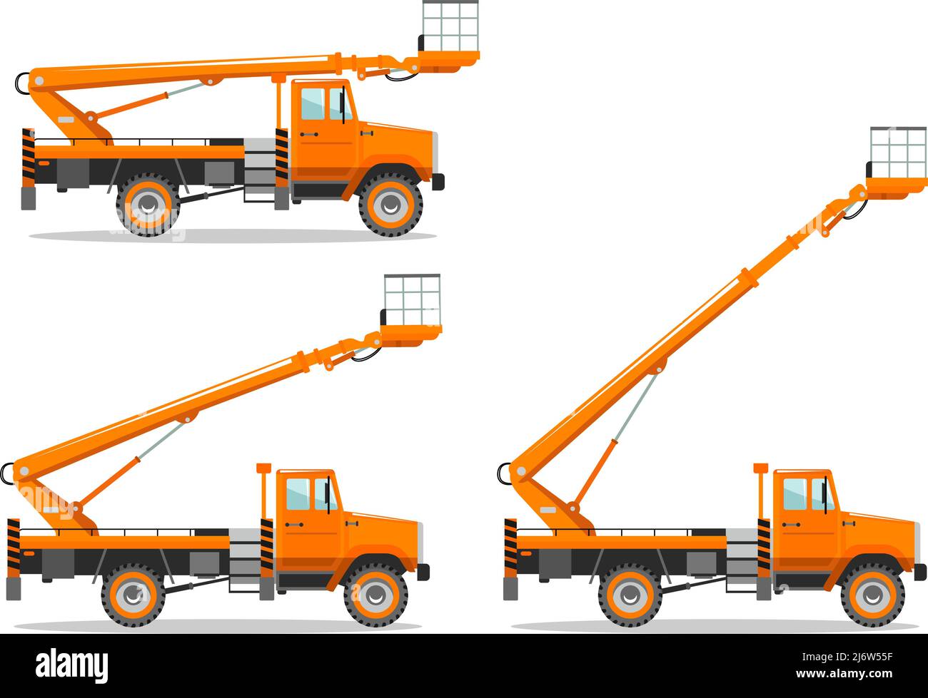 Detailed illustration of aerial platform truck with different boom position. Heavy construction machine. Heavy equipment and machinery. Stock Vector
