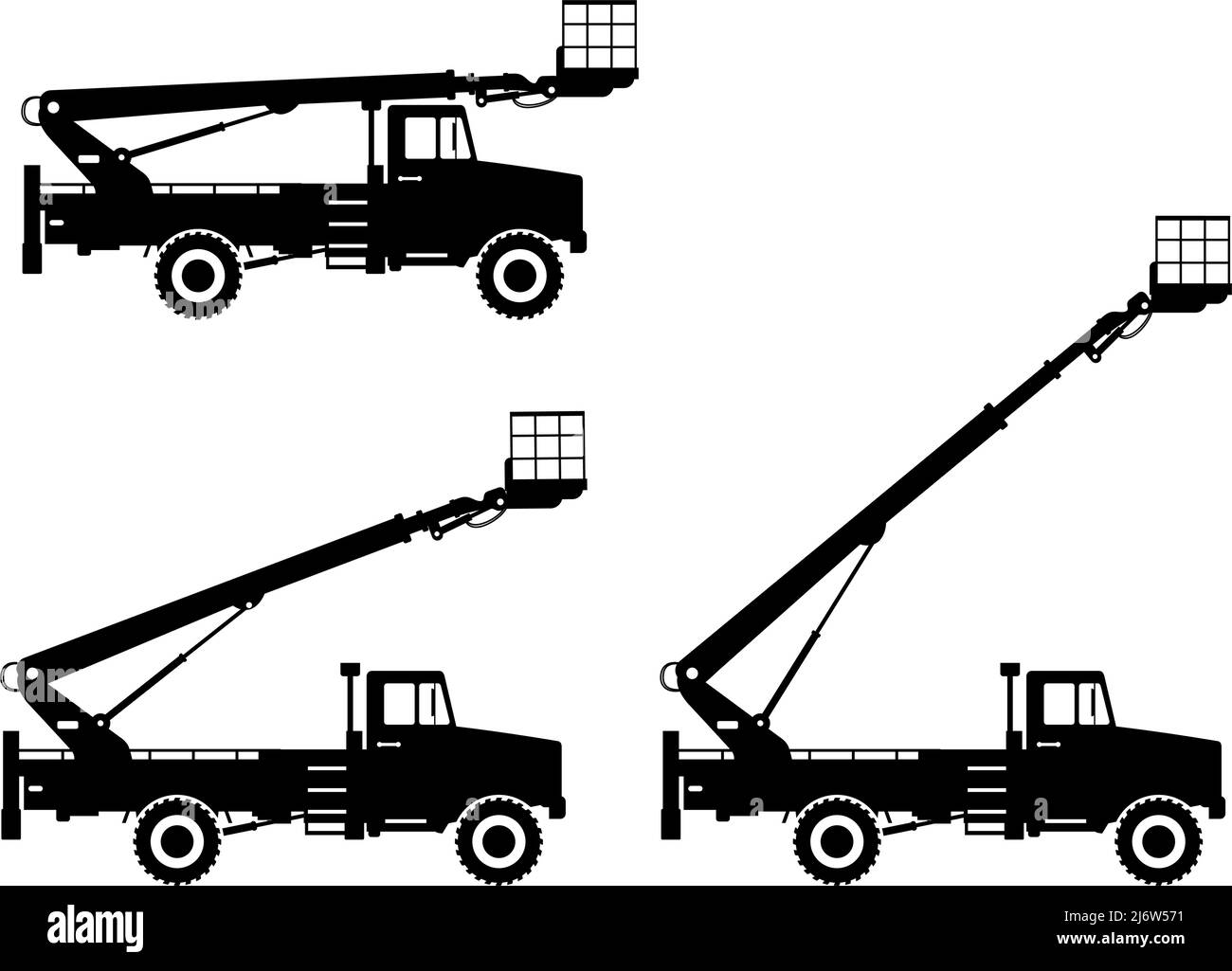 Silhouette of aerial platform truck with different boom position. Heavy construction machine. Heavy equipment and machinery. Vector illustration. Stock Vector