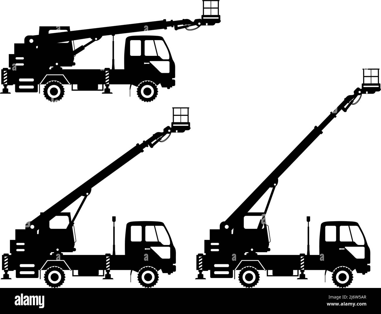 Silhouette of aerial platform truck. Heavy construction machine. Heavy equipment and machinery. Vector illustration. Stock Vector