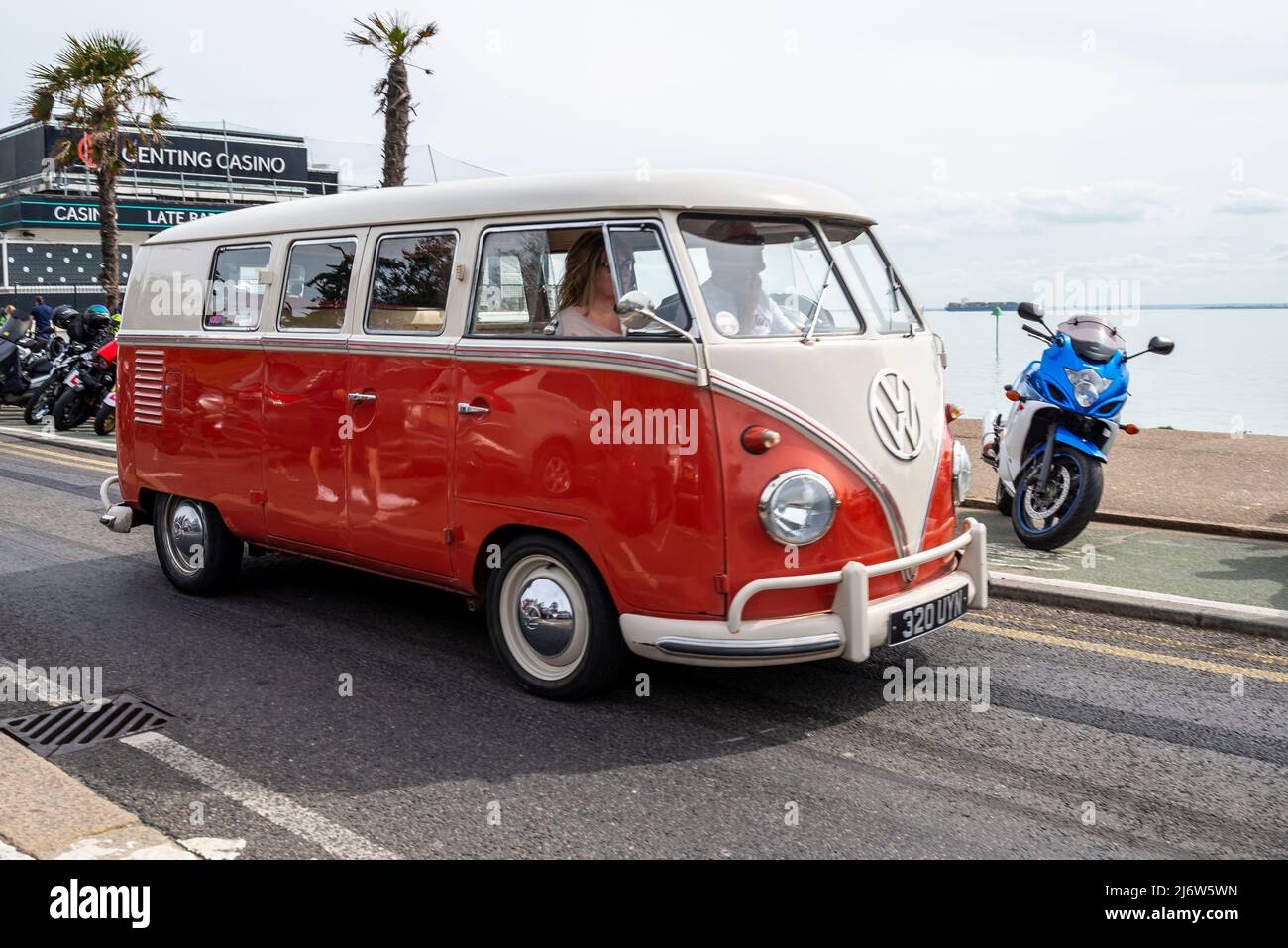 1959 Volkswagen Camper van driving at the Southend Shakedown 2022 motorcycle event on Easter Bank Holiday Monday in Southend on Sea, UK. Stock Photo