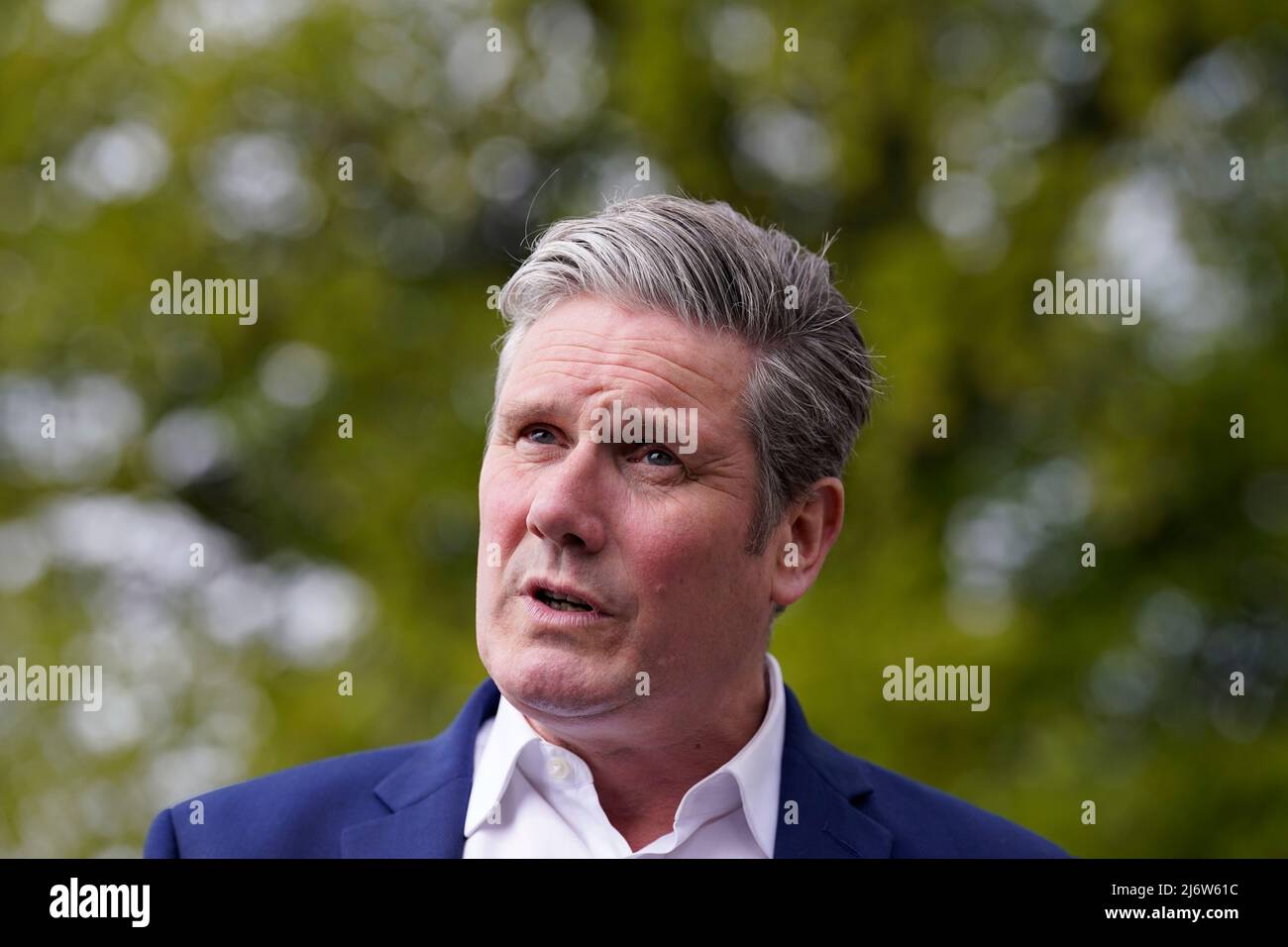 Labour leader Keir Starmer speaks to the media after a visit to a pensioners drop-in session in Wakefield, West Yorkshire, to talk about the increased cost of living and the priorities for local people. Picture date: Wednesday May 4, 2022. Stock Photo
