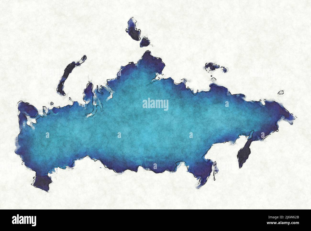 Russia map with drawn lines and blue watercolor illustration Stock Photo
