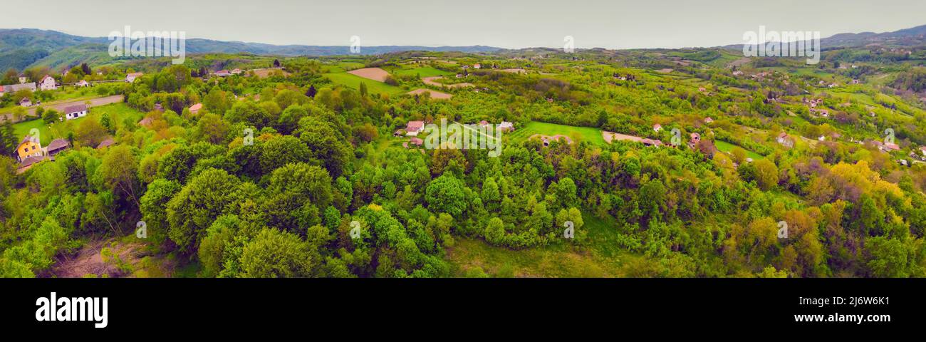 Panoramic drone shot of Serbian rural area in Levac Stock Photo