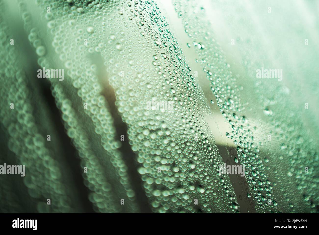 Motorhome RV Moisture Problem. Water on a Camper Window Close Up. Fighting Condensation in Motor Coaches. Stock Photo