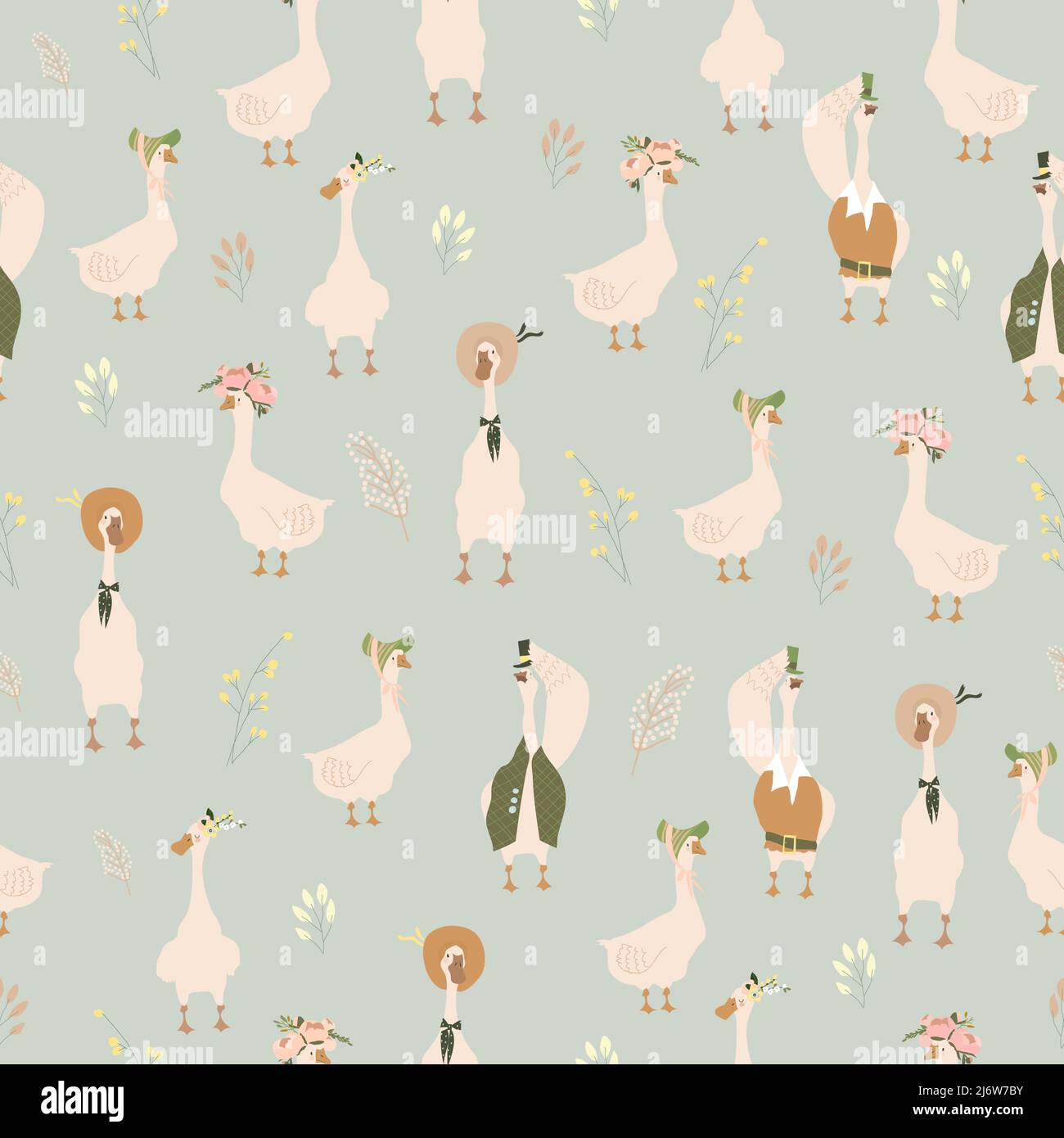 Seamless Pattern with Cartoon Gooses and Flowers Stock Vector