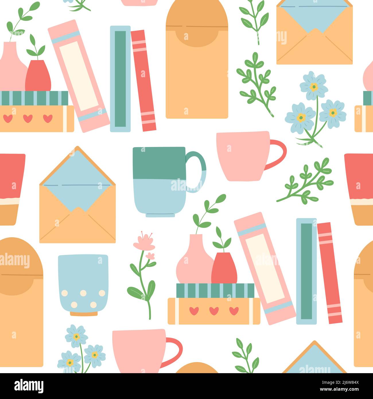 Book, cup, envelope and flower seamless pattern Stock Vector