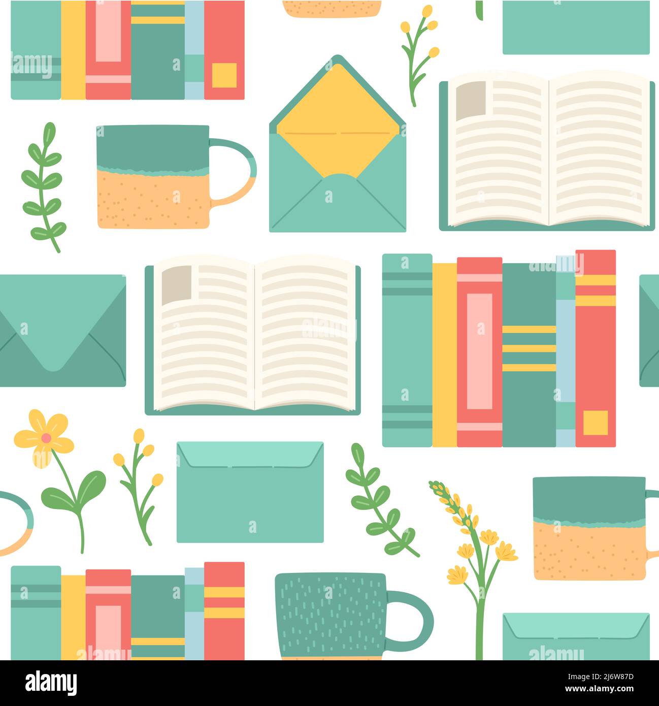 Book, cup, envelope and flower seamless pattern Stock Vector