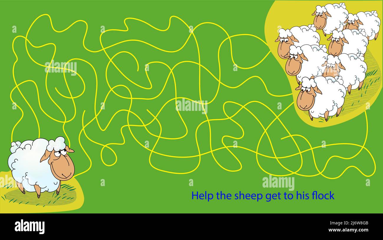 Vector illustration with puzzle, labyrinth. Help the sheep get to his flock Stock Vector