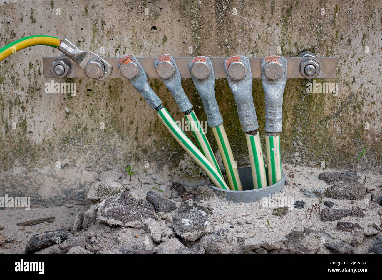Picture of electrical grounding in a industrial area, it prevents hazard in electrical shortcut situations Stock Photo