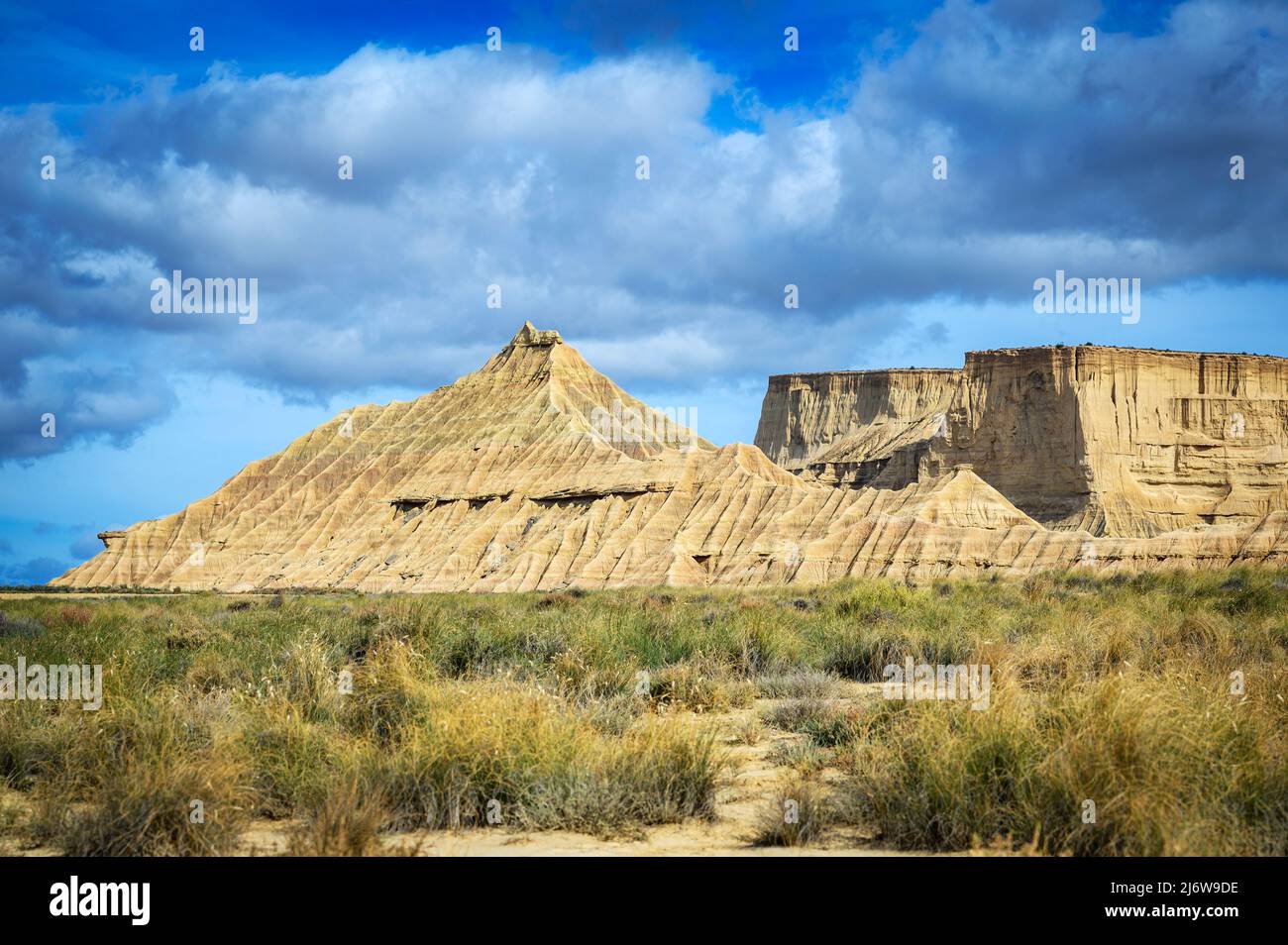 Desert landscape with eroded hills in Bardenas reales national park, Navarro, Spain. Stock Photo