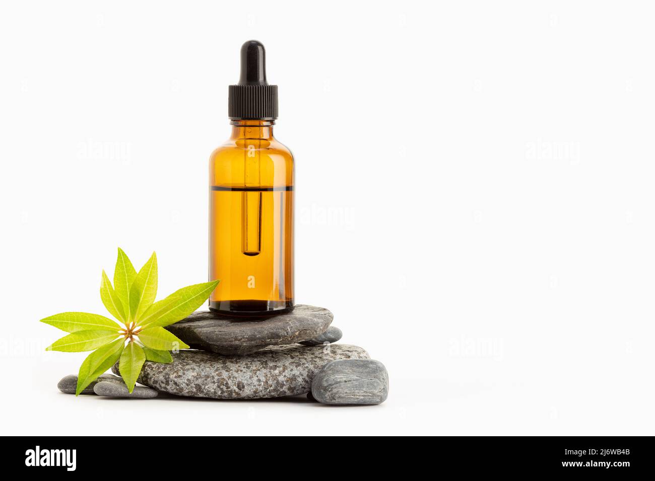 Herbal Essential oil on amber bottle isolated on white background. Copy space Stock Photo