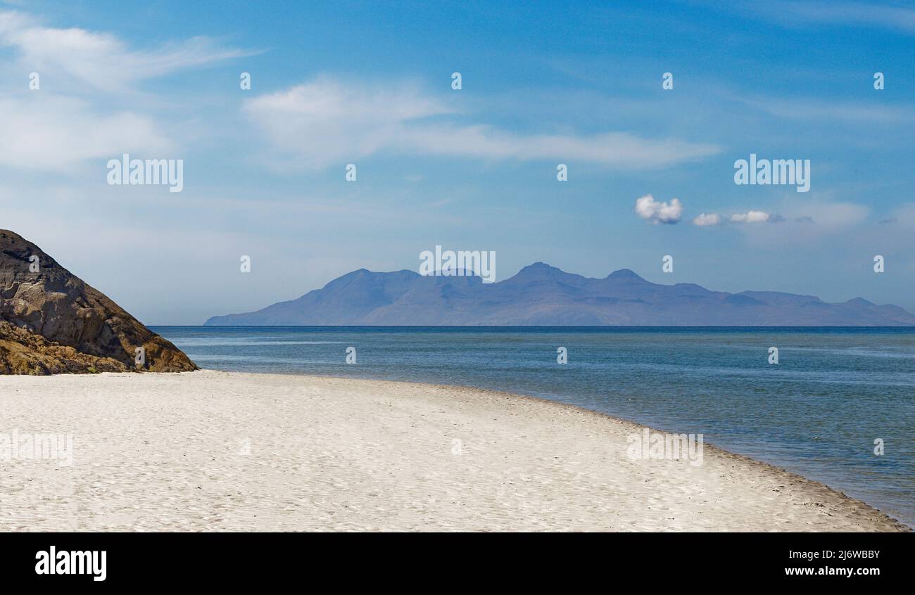 MORAR SCOTLAND THE WHITE SAND BEACH OF CAMUSDARACH VIEW OF RUM ISLAND