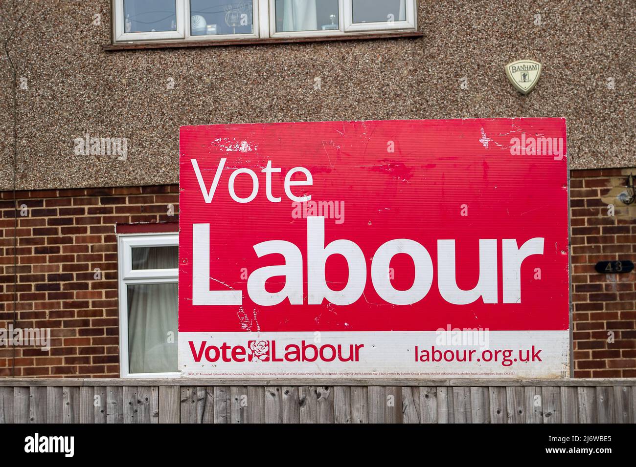 Slough, Berkshire, UK. 4th May, 2022. Boards outside residential homes promoting the Labour party in Slough. Following the handling of the Covid-19 crisis, the PPE scandal, Partygate and the cost of living crisis, the Tory party are predicted to lose hundreds of seats in the local elections tomorrow. Credit: Maureen McLean/Alamy Live News Stock Photo