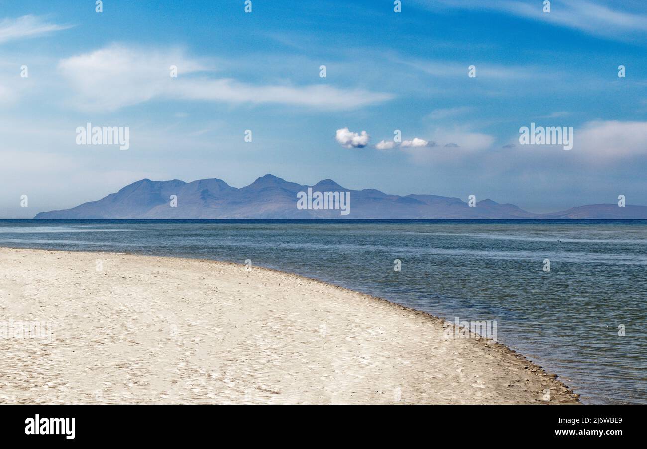 MORAR SCOTLAND WHITE SAND BEACH OF CAMUSDARACH VIEW OF RUM ISLAND FROM