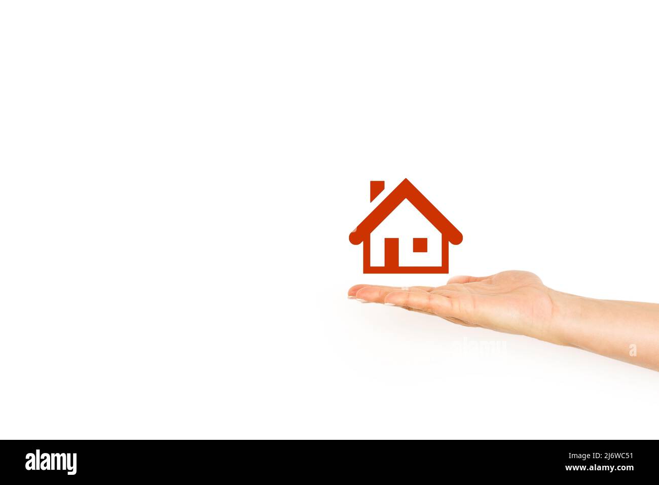 Woman hand showing house icon on a white background witth copy space Stock Photo