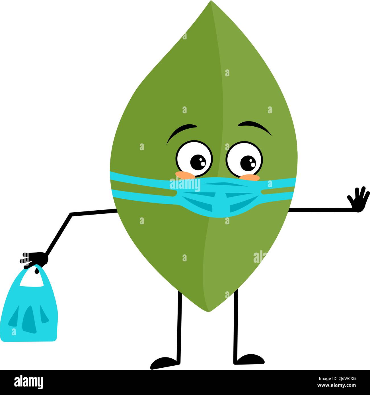 Leaf character with face in medical mask and keep distance, hands with shopping bag and stop gesture. Person with care expression, green plant emoticon. Vector flat illustration Stock Vector
