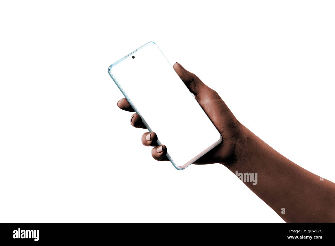 Hand showing white perla modern smart phone with isolated screen and background for mockup, app design presentation. Low light, dark skin hand Stock Photo