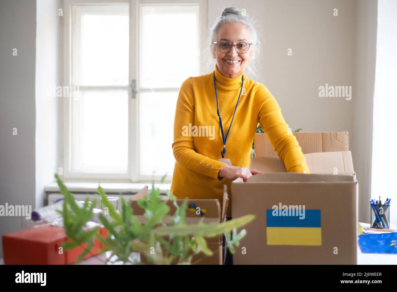 Senior volunteer woman packing box with Humanitarian aid for Ukrainian refugees in office Stock Photo
