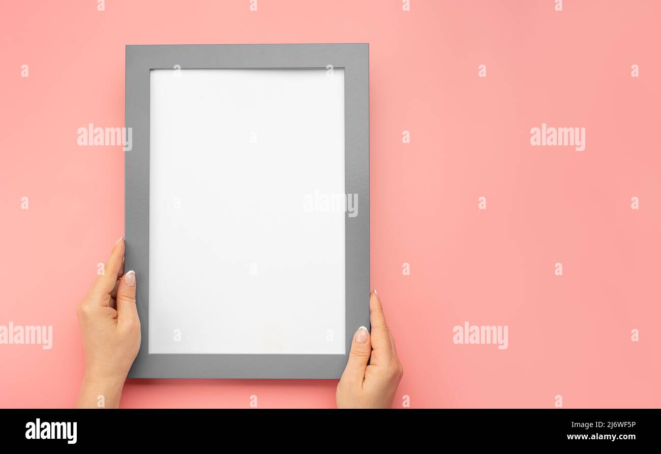 Hanging a photo frame mockup on pink wall. Picture frame mockup. Woman hold blank diploma frame on pink wall background. Cropped hand of woman holding Stock Photo