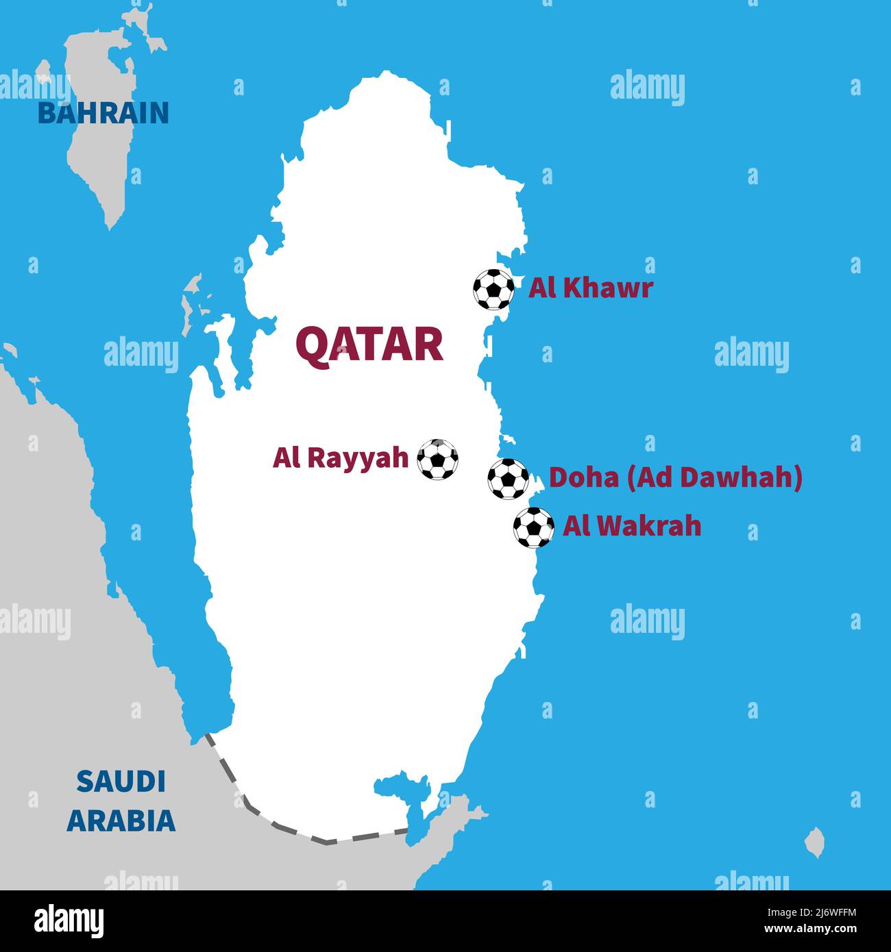 Middle Eastern football 2022. 22nd FIFA World Cup in Qatar. Final part with Qatar map silhouette. This country will host World Cup for first time in i Stock Vector