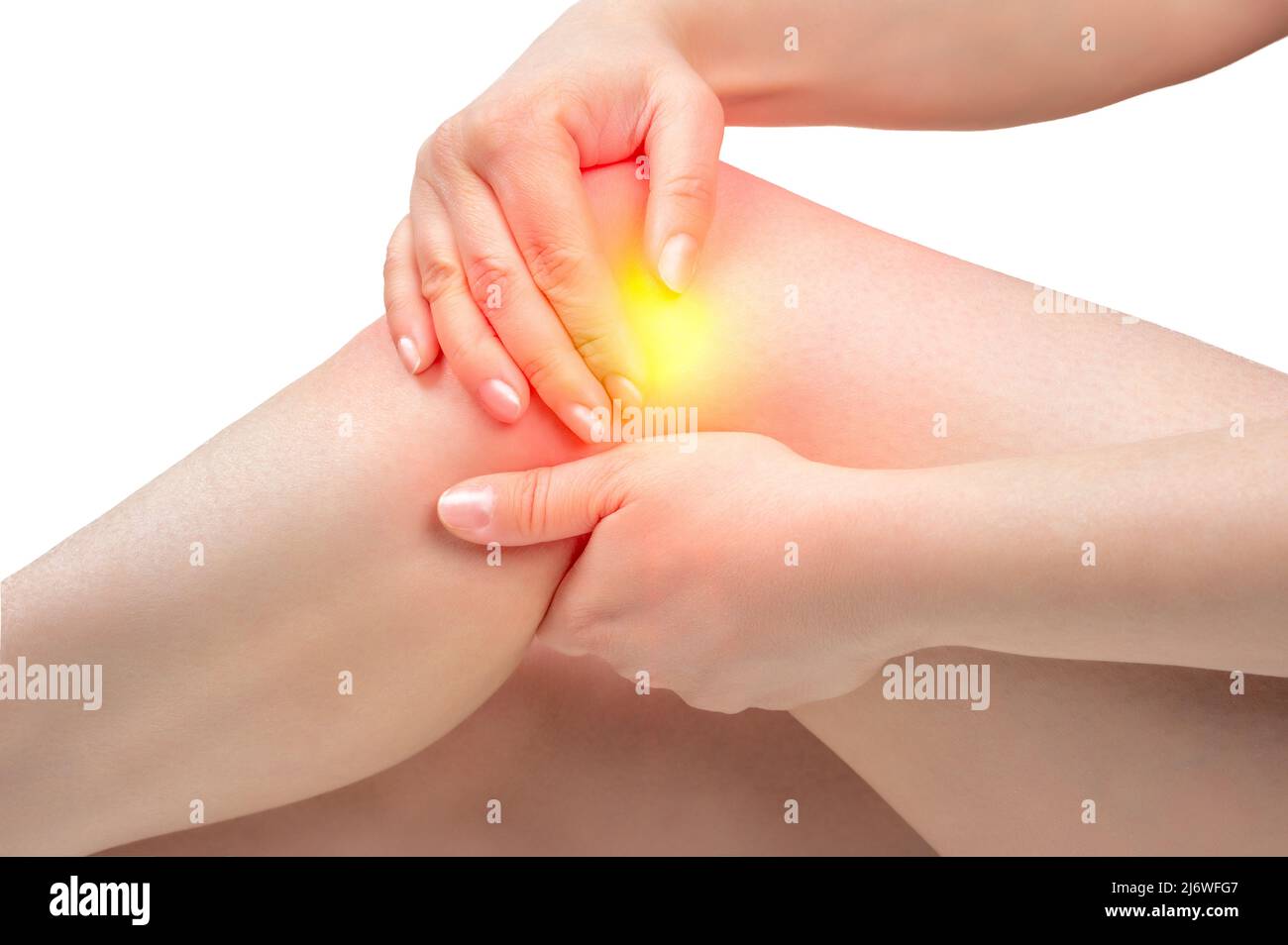 woman suffering from pain in knee. Tendon problems and Joint inflammation on white background. woman touching knee with red highlights. Knees pain, ha Stock Photo