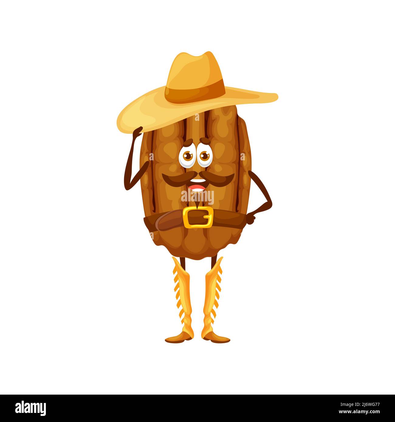 Cartoon pecan nut cowboy character. Vector wild west pekan kernel, western hero wear hat and boots and belt holding cap edge. Healthy food horseman personage with funny mustached face Stock Vector