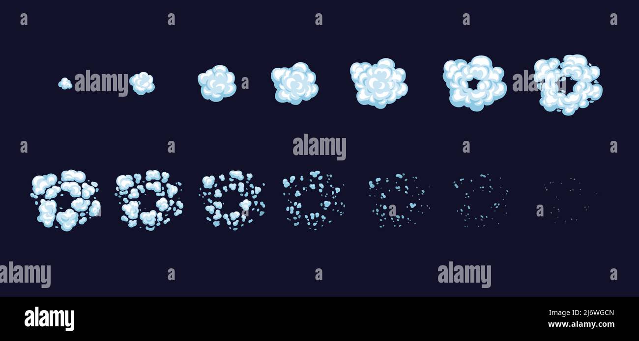 Cartoon smoke explosion game sprite, animate effect, cloud, steam, bomb