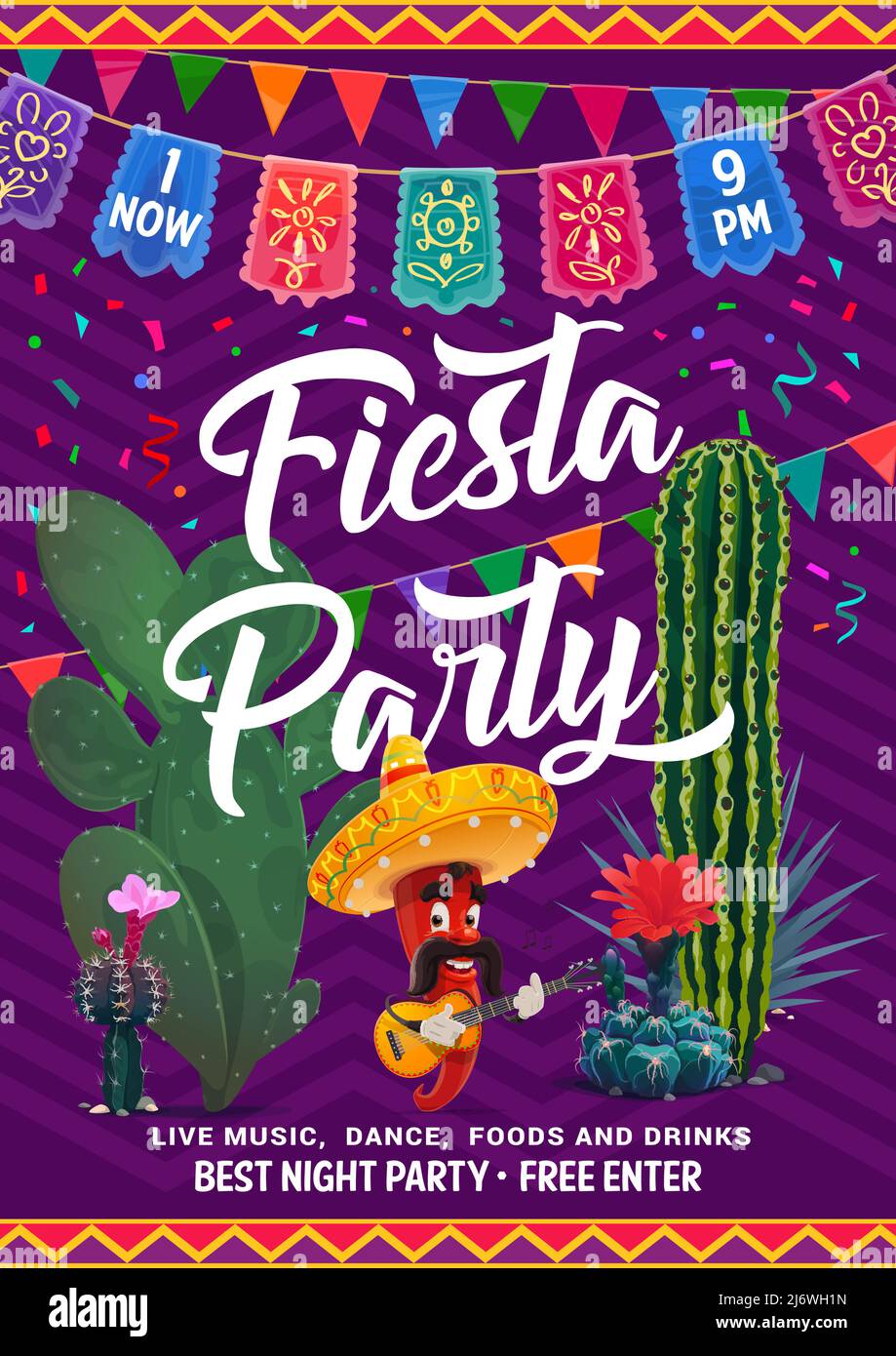 Mexican fiesta party flyer with vector cactuses and chili pepper ...