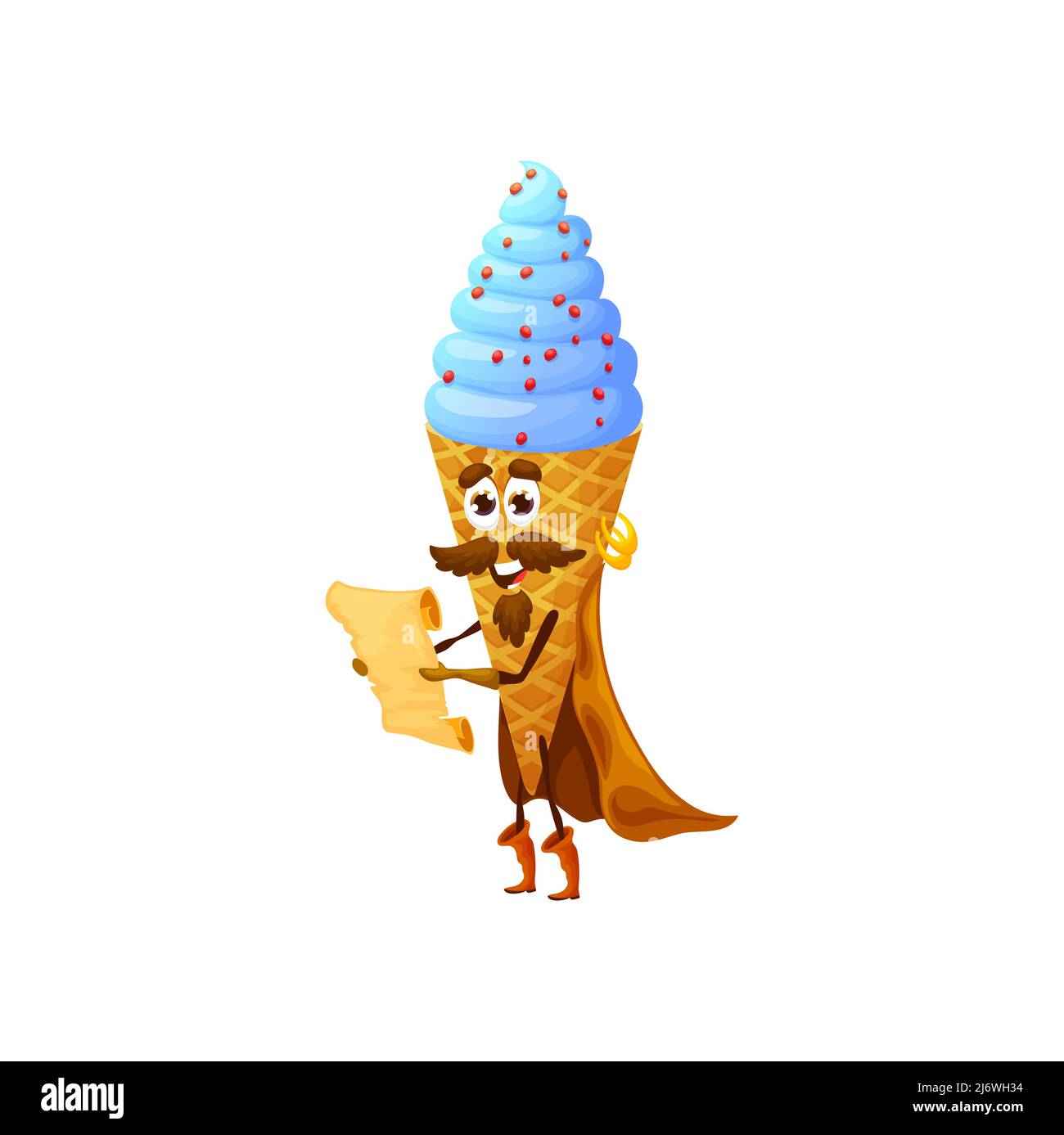 Cartoon ice cream cone pirate character with treasure map. Vector