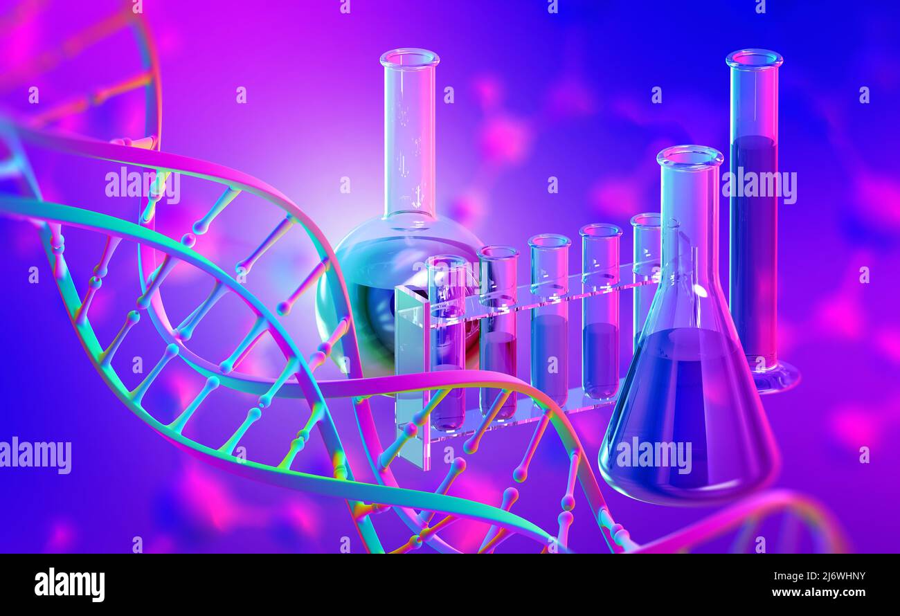 Laboratory, scientific research. Chemistry, test tubes and flasks. DNA 3D illustration on a purple-neon background Stock Photo