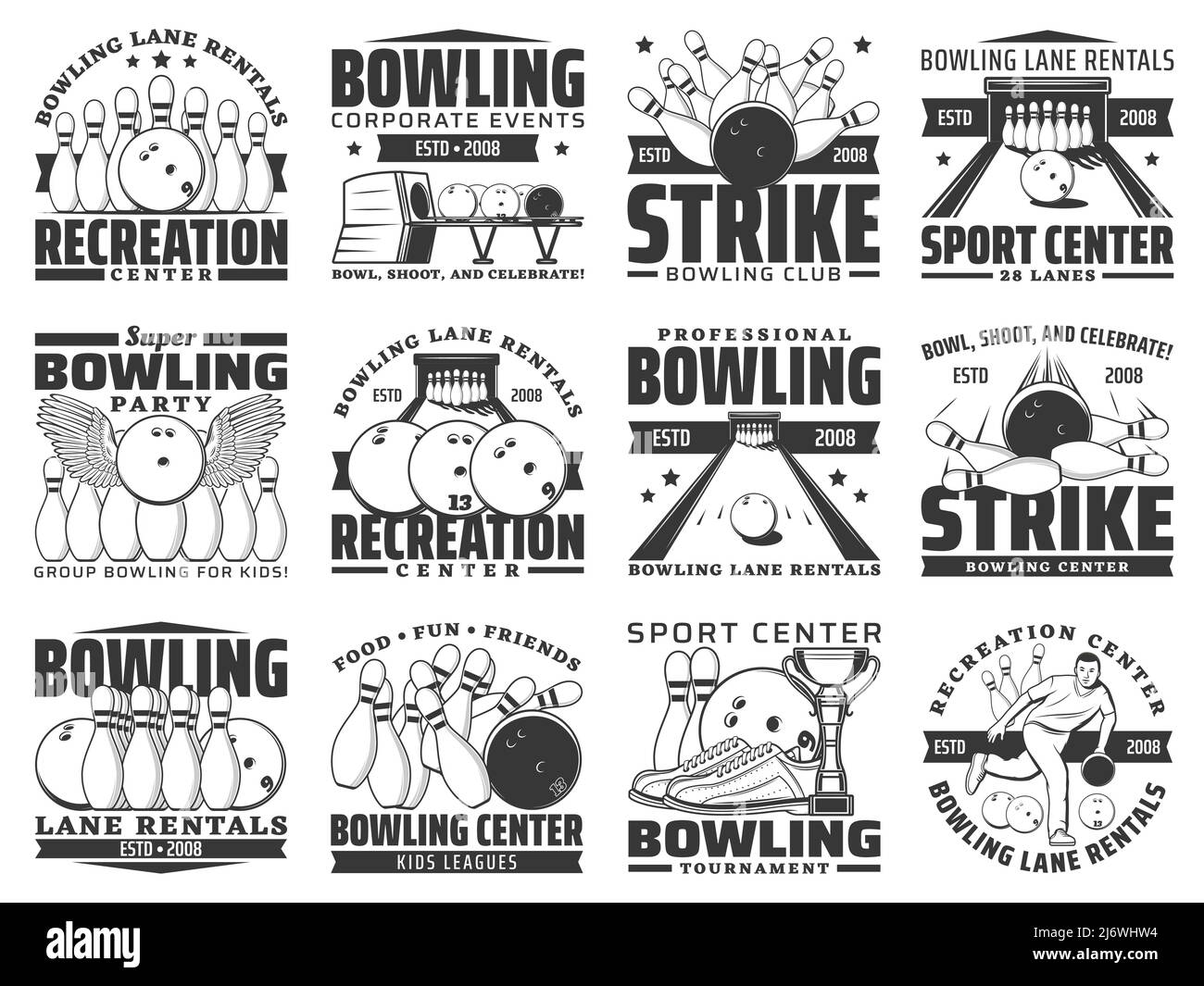Bowling club icons, ball and pin strike sport tournament game center vector emblems. Bowling sport recreation and kids leisure activity, alley lanes and equipment rental, balls and skittle pins strike Stock Vector