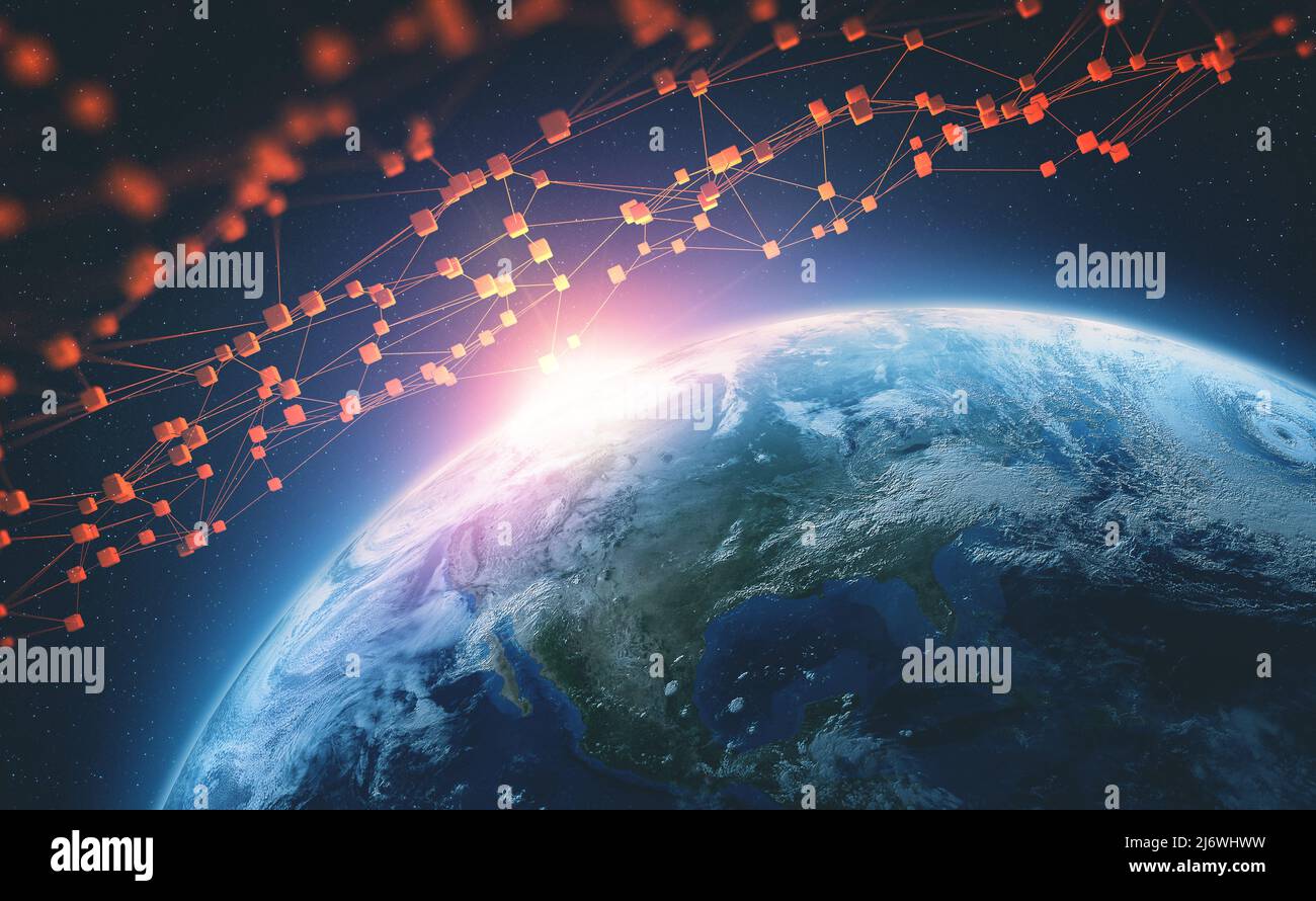 Blockchain technology. Big data global network. Planet earth 3D illustration. Element of this image furnished by NASA Stock Photo