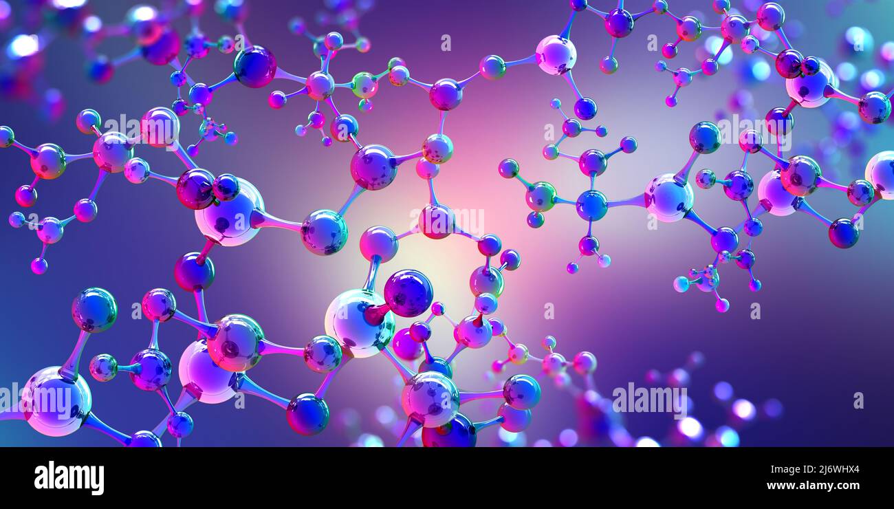 Complex molecule 3D illustration. Abstract molecular lattice, cellular structure. Transparent purple elements with glossy effect Stock Photo