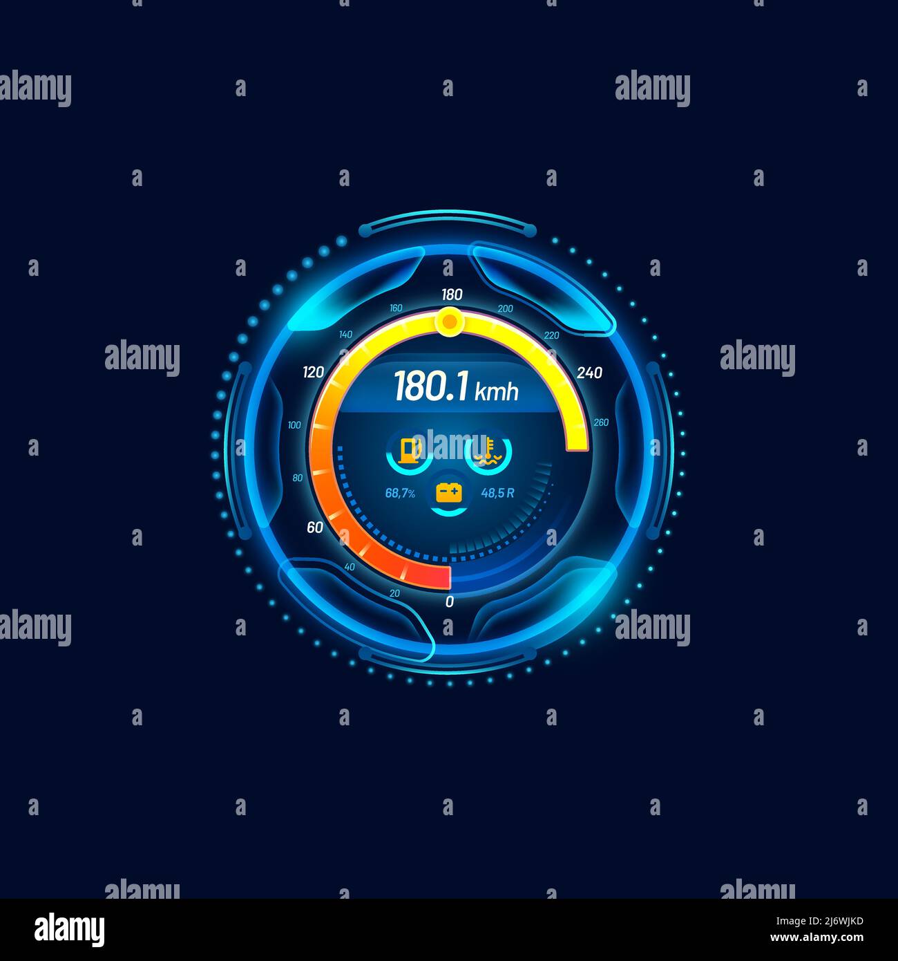 Futuristic car speedometer gauge neon dial. Led speed meter. Vehicle