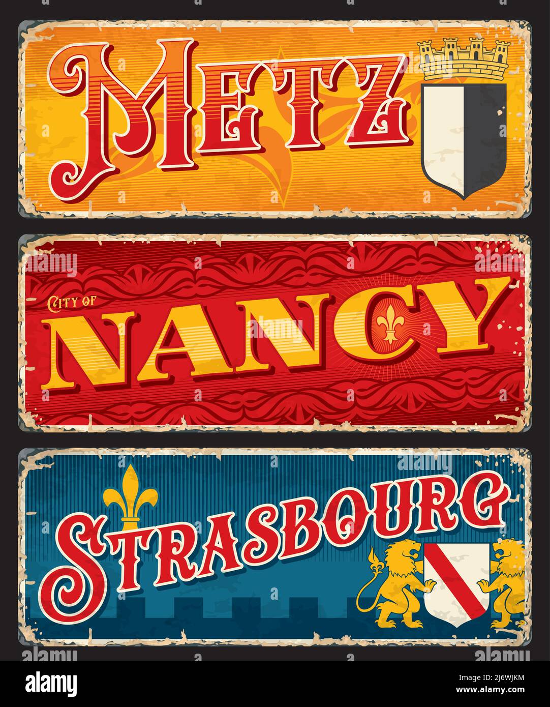 Metz, Nancy, Strasbourg french city travel stickers and plates. European vacation vector banner, France city journey voyage plate or grunge tin sign with antique typography and Coat of Arms symbols Stock Vector