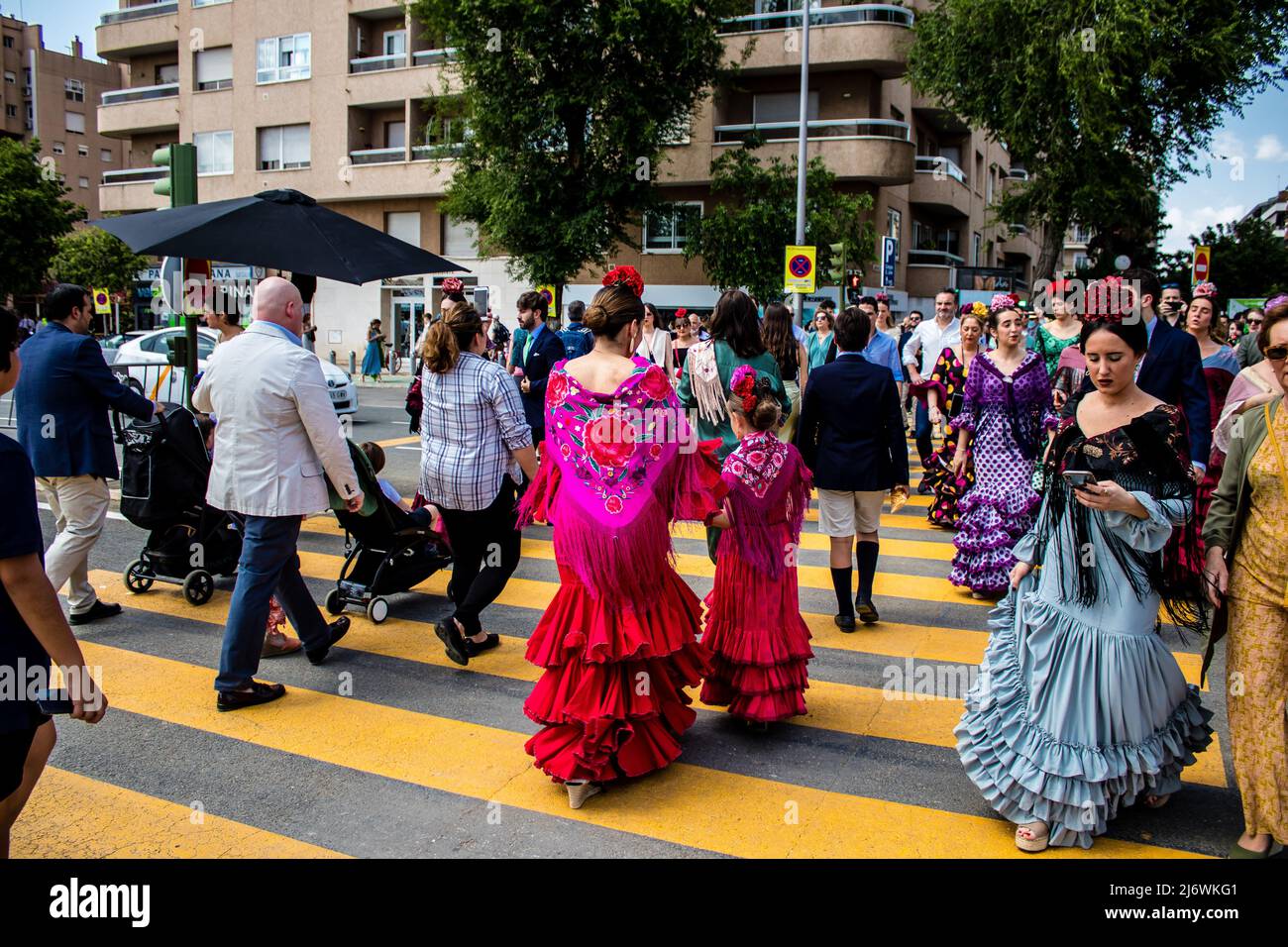 Seville, Spain May 01, 2022 Sevillians dressed in traditional