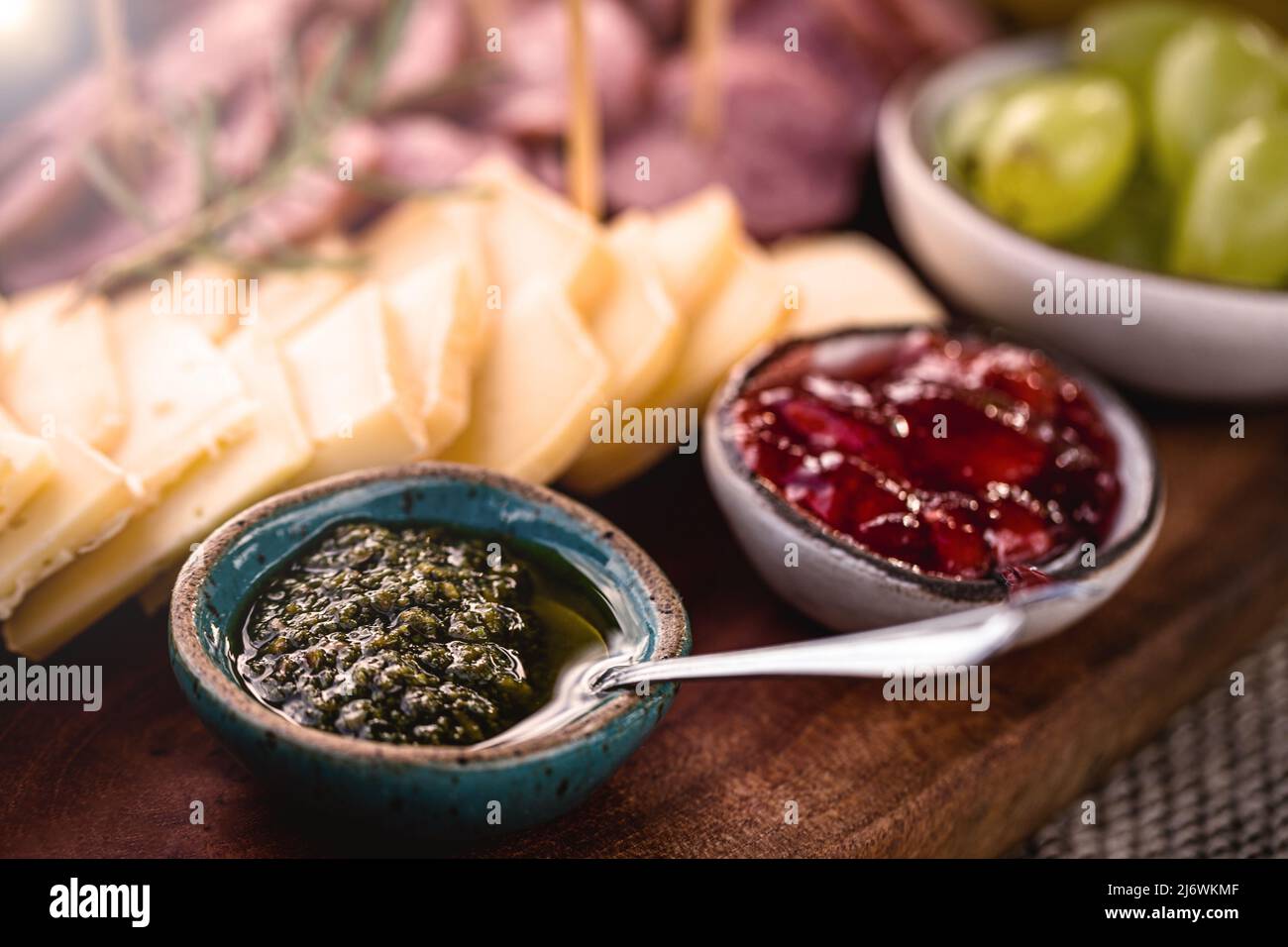Pesto sauce, an Italian sauce, made from ground basil leaves with Pinus