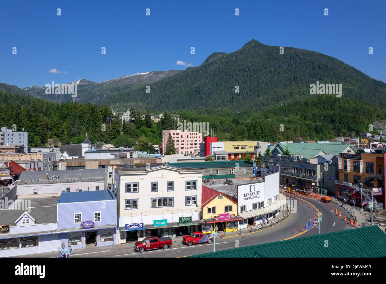 Aerial View Of Downtown Shops And Restaurants On Front Street Ketchikan