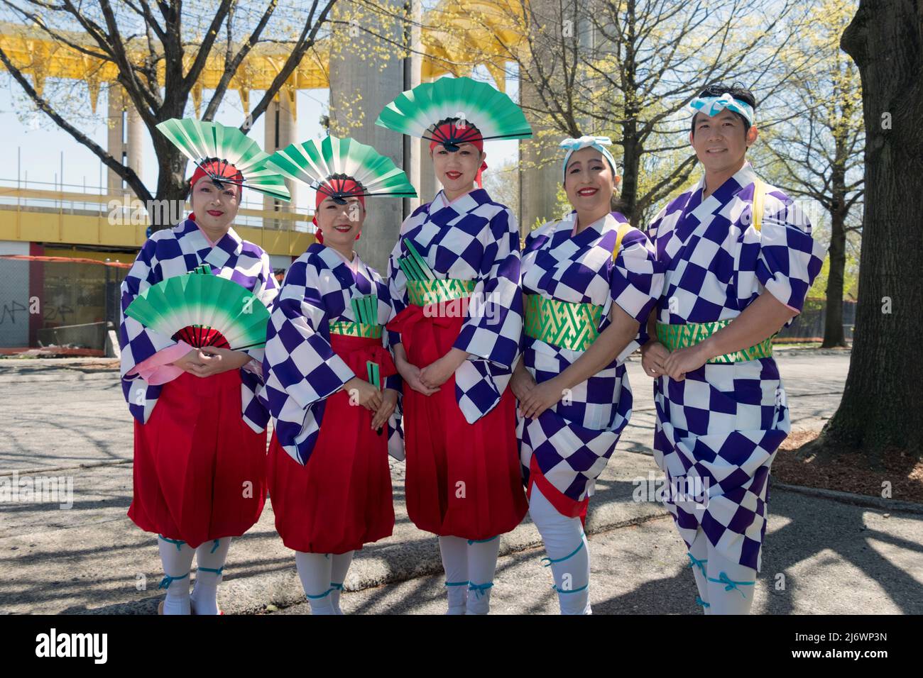 Posed portrait of 5 women members of the Japanese Folk Dance institute at the Sakura Matsuri celebration. In Queens, New York. Stock Photo