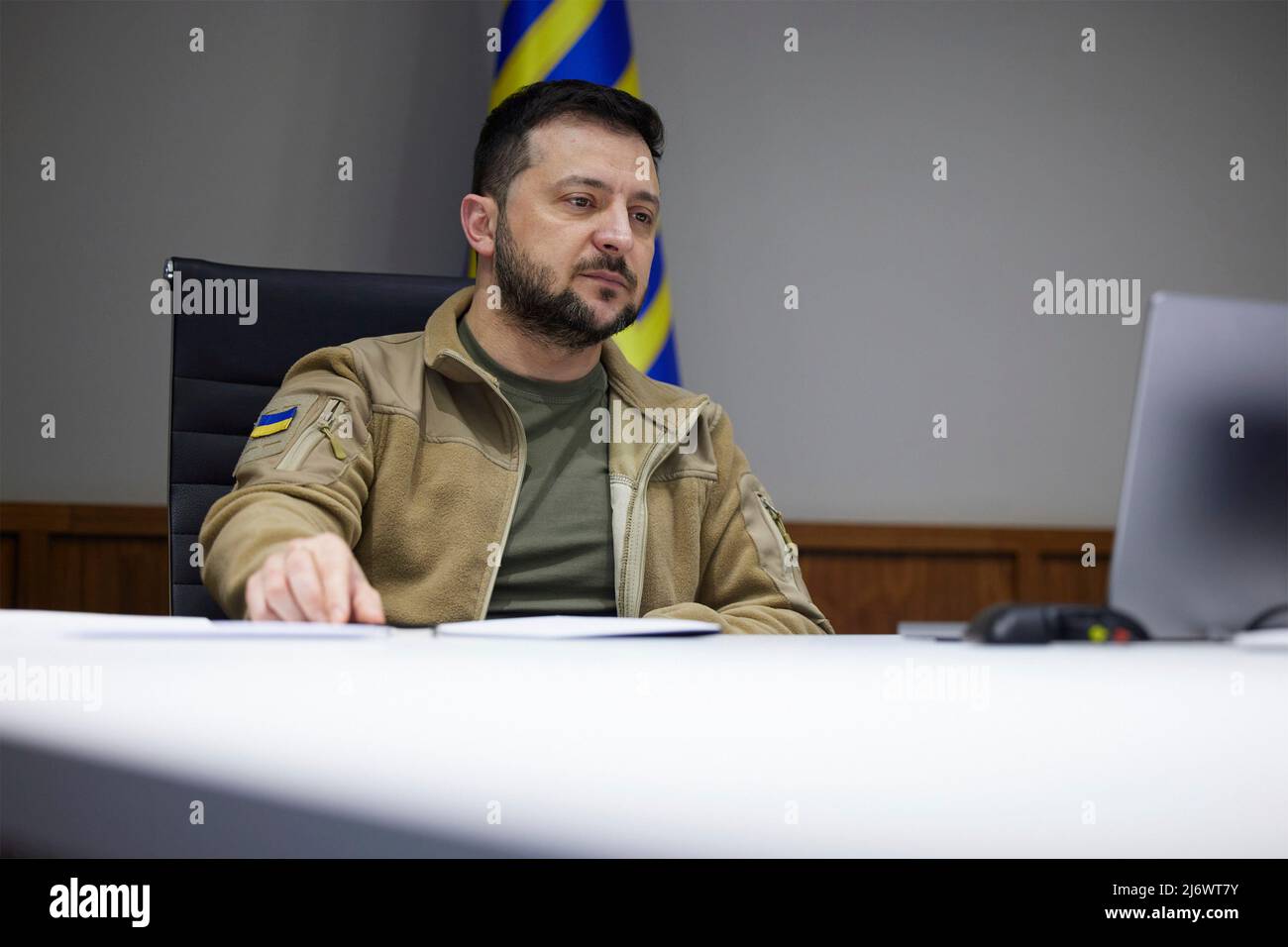Kyiv, Ukraine. 04 May, 2022. Ukrainian President Volodymyr Zelenskyy, participates in the Wall Street Journal CEO Council Summit via video link from the situation room, May 4, 2022 in Kyiv, Ukraine.  Credit: Ukraine Presidency/Ukraine Presidency/Alamy Live News Stock Photo