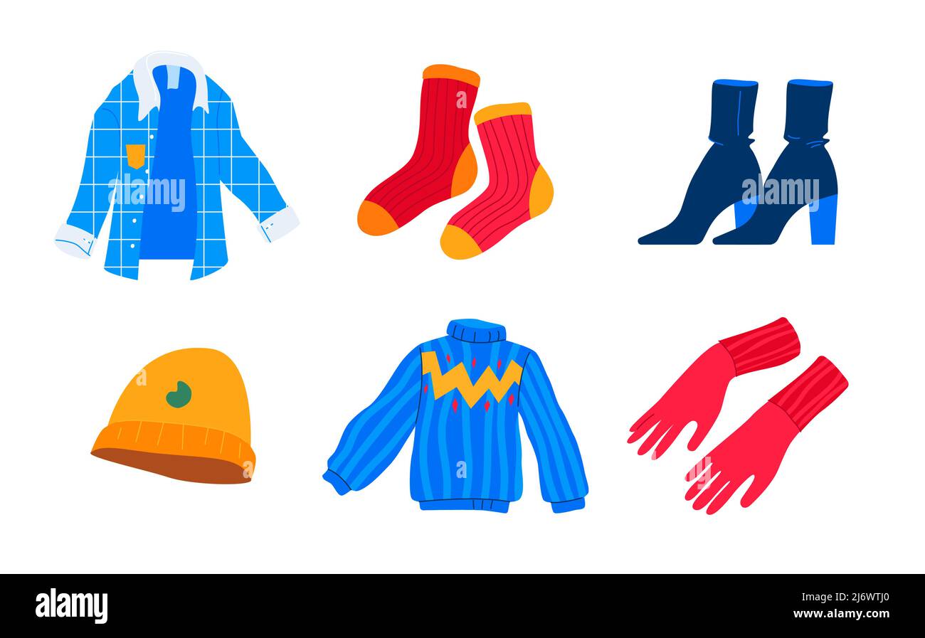 Seasonal warm clothes flat design style icons set Stock Vector Image