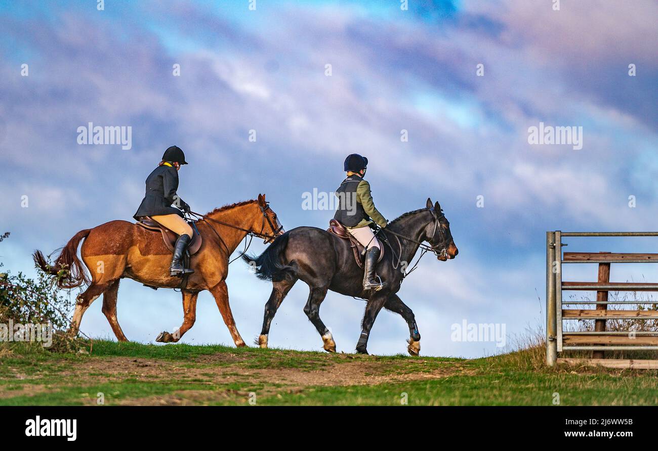 Horse riders galloping across the skyline on a horse against a stormy sky  Stock Photo - Alamy