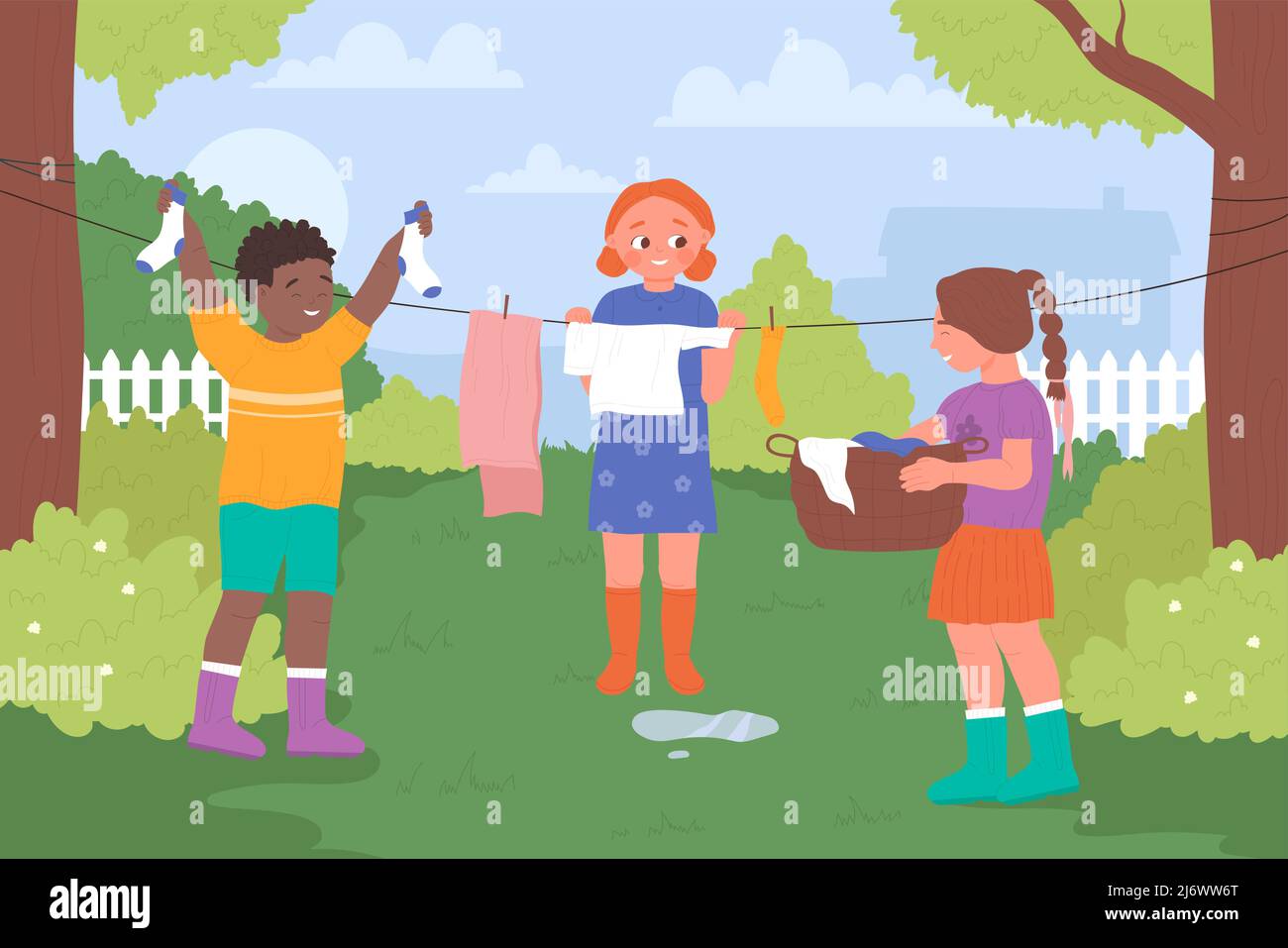 Cute children hang clothes to dry on clothesline in green summer garden vector illustration. Cartoon girls and boy holding wet socks and basket, kids help mother background. Laundry, chores concept Stock Vector