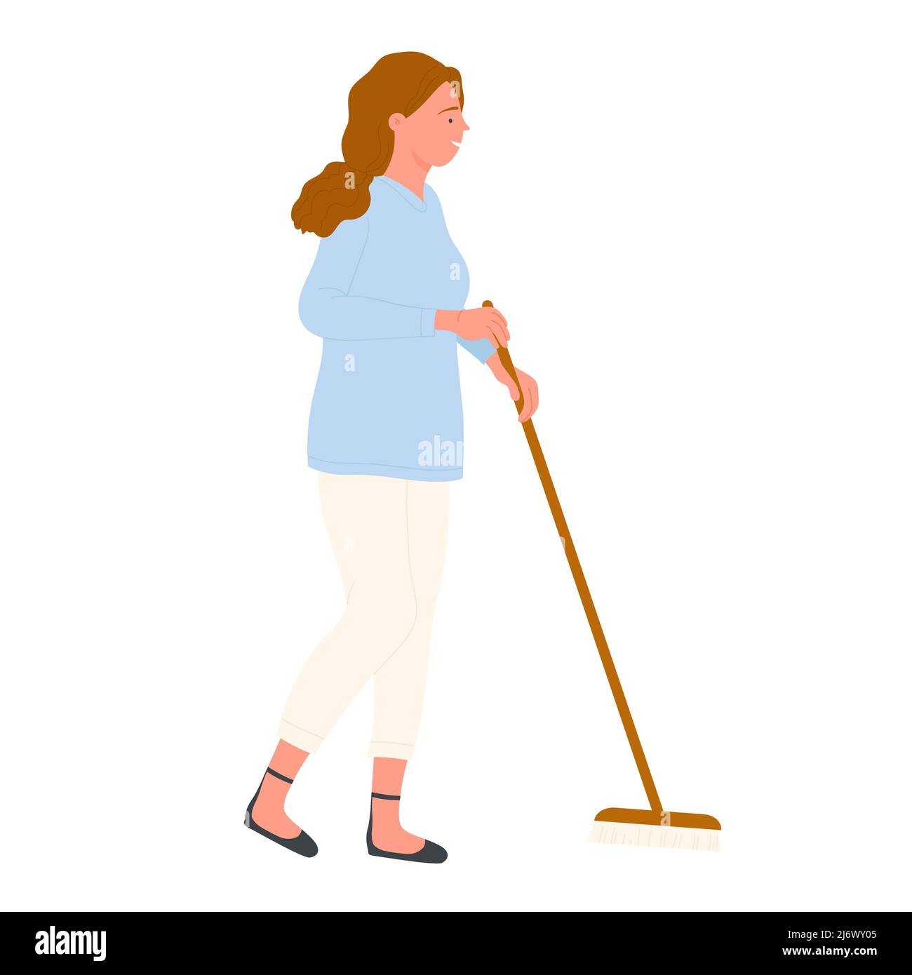 Housekeeping woman sweeping floor. House cleaning service and laundry