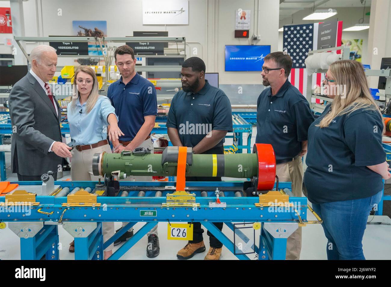 Troy, United States of America. 03 May, 2022. U.S President Joe Biden asks a question from workers building a Javelin anti-tank missiles launcher during a tour of the Lockheed Martin Pike County Operations facility, May 3, 2022, in Troy, Alabama.  Credit: Adam Schultz/White House Photo/Alamy Live News Stock Photo