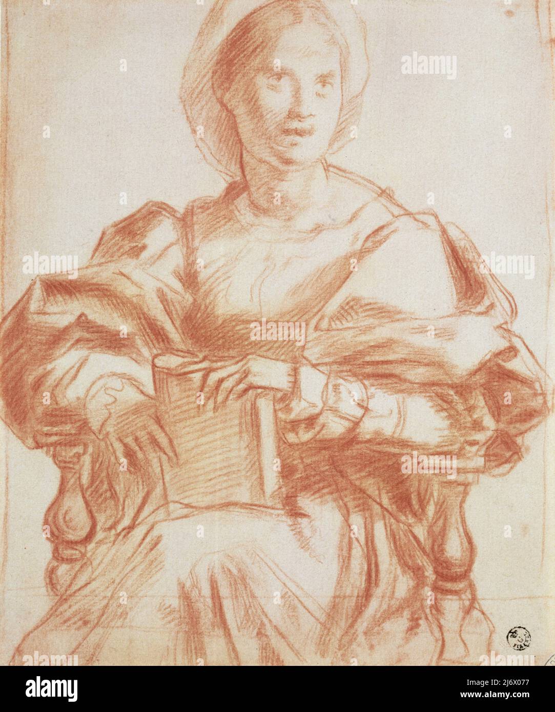 Study of a seated woman holding a book (chalk on paper) by Sarto, Andrea del (1486-1530); Gabinetto dei Disegni e Stampe, Galleria Degli Uffizi, Florence, Tuscany, Italy; Italian,  out of copyright. Stock Photo