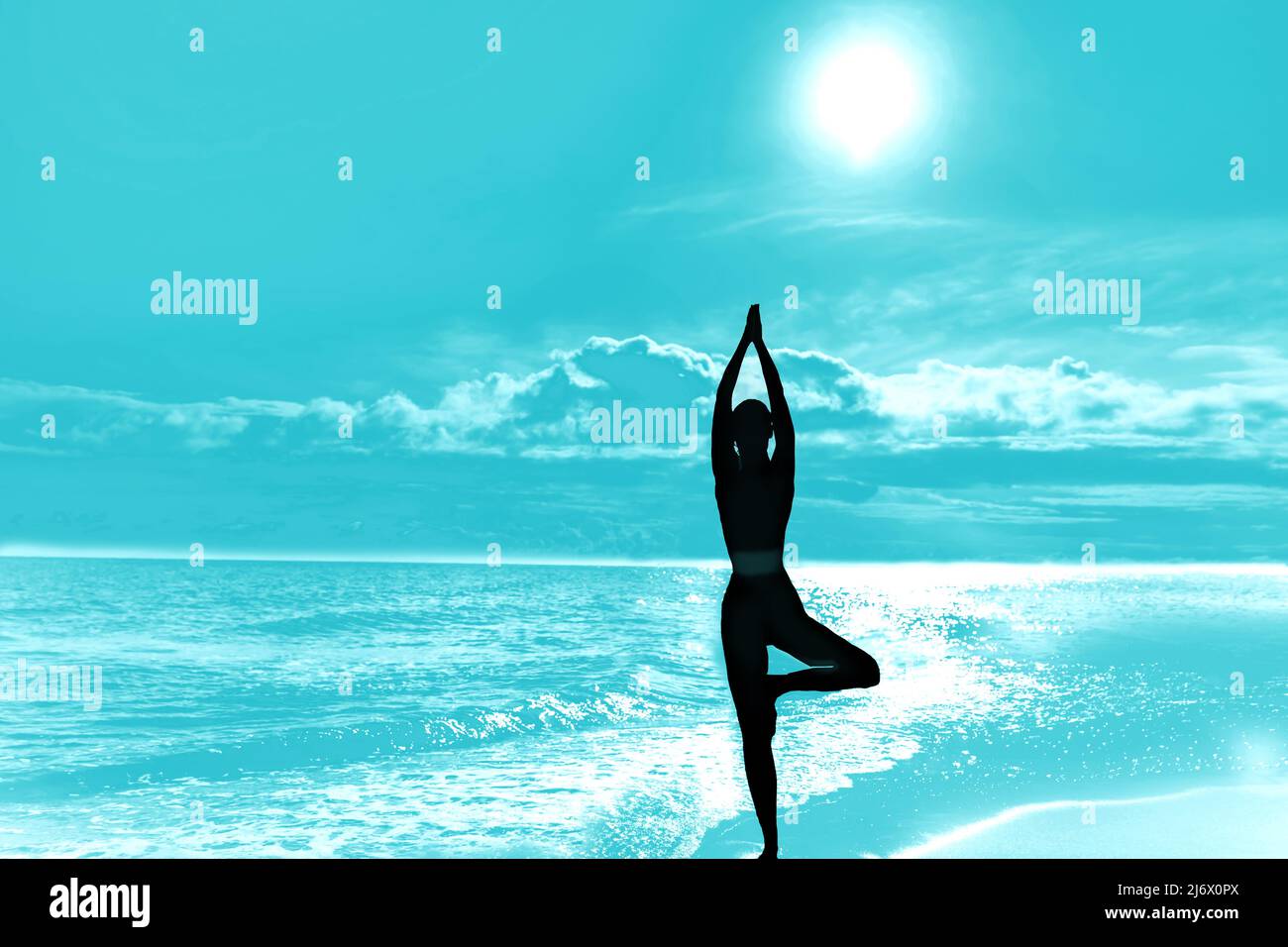 Silhouette of woman in tree pose of yoga. Sun sky and sea. Equilibrium ...