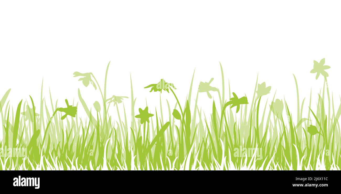 eps vector panorama seamless illustration for spring, easter time or nature concepts. Happy fresh background with green silhouette of grass and flower Stock Vector